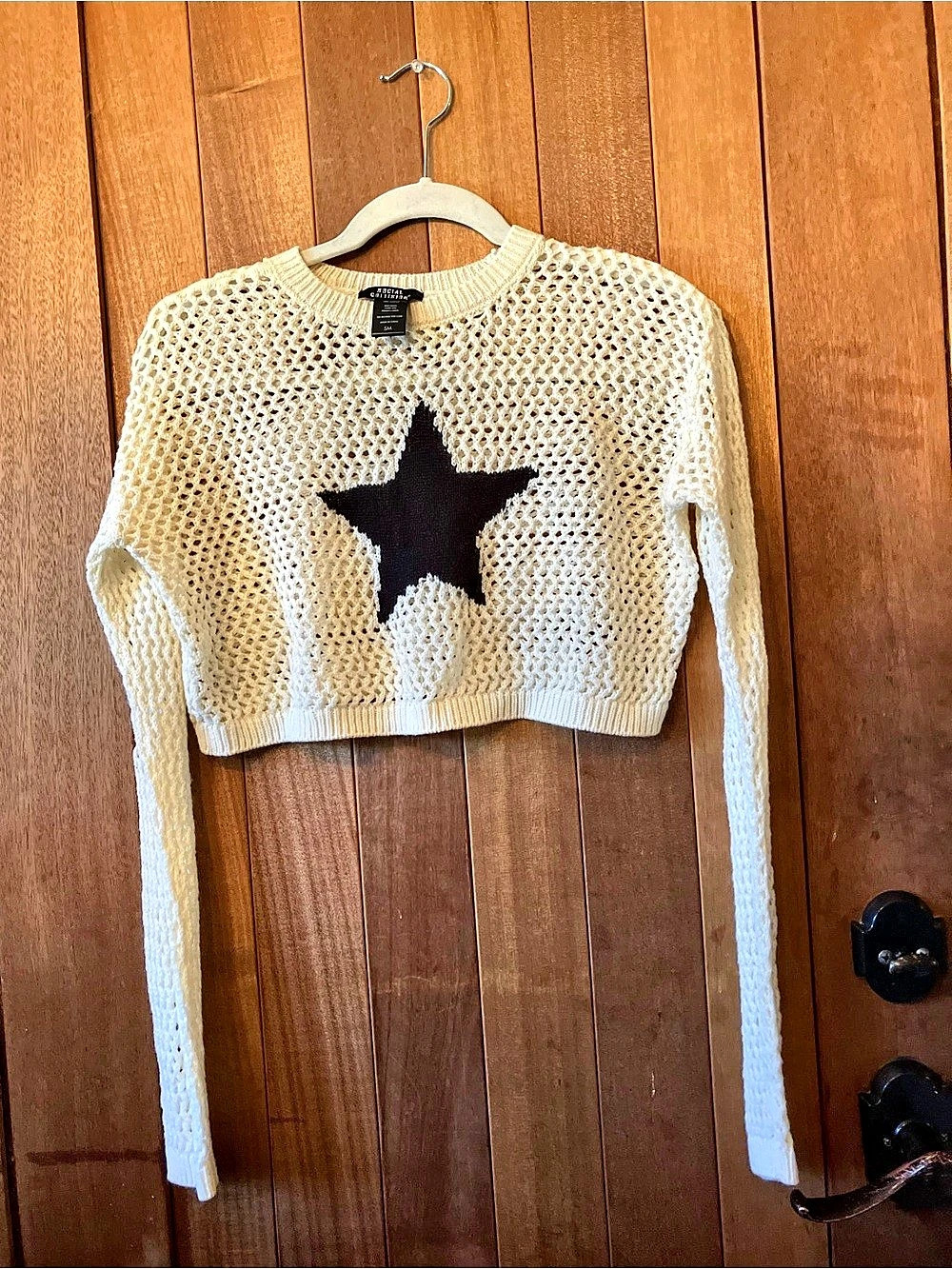 Social Collision Star Open Knit  Crop Sweater Cropped